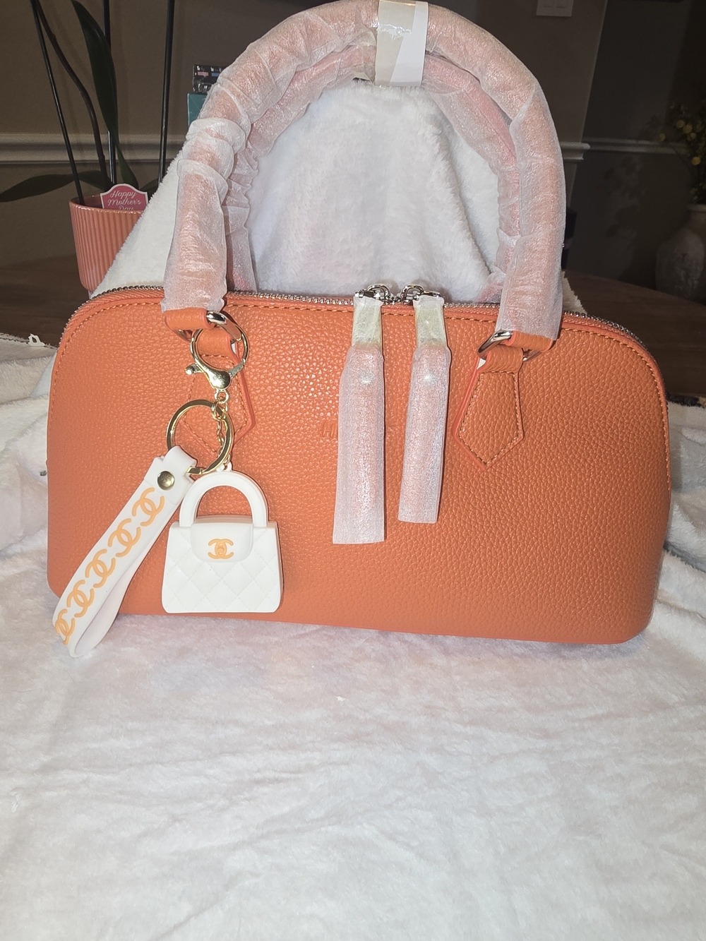 Orange Dome Satchel Handbag with Charm - Unbranded